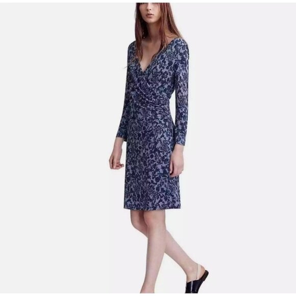 Tory Burch Michele Floral Dress Periwinkle Blue Faux Wrap Ruched V-Neck Small - Picture 2 of 11